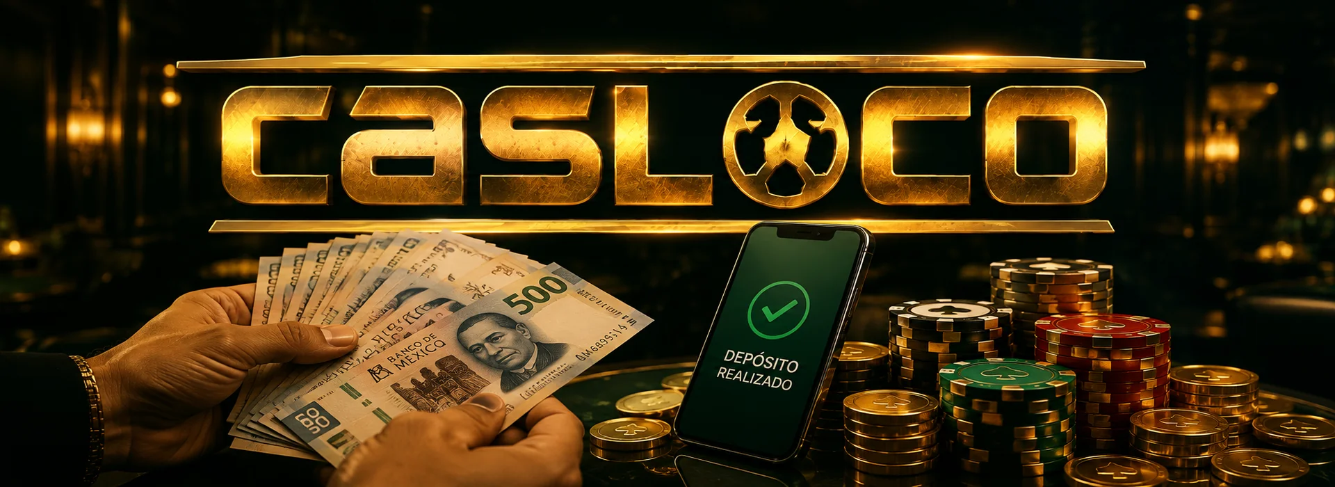 Banner del bono de bienvenida de Casloco México: 100% hasta $16,500 MXN y 120 giros gratis